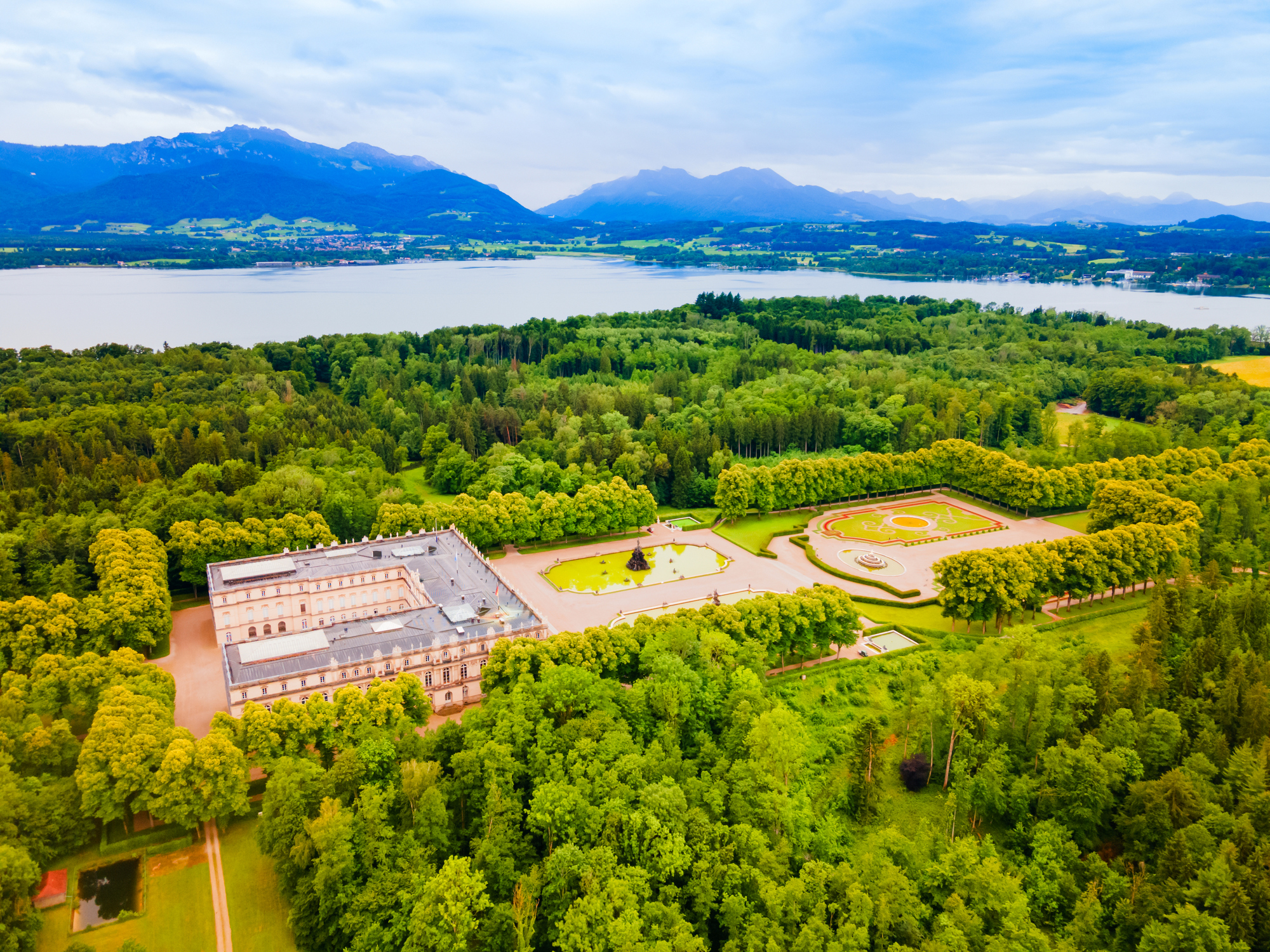 Herrenchiemsee Palace aerial panoramic view, it is a complex of royal buildings on Herreninsel, the largest island in the Chiemsee lake, in southern Bavaria, Germany