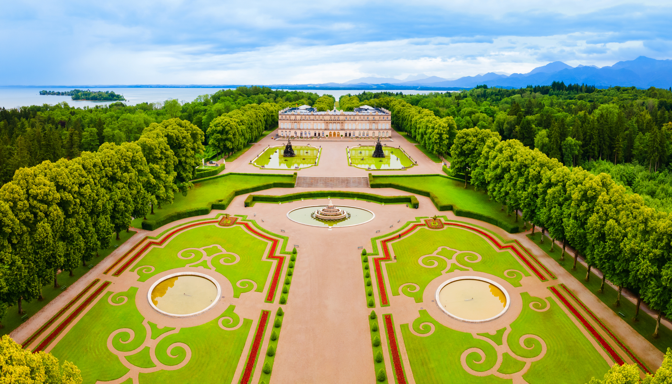 Herrenchiemsee Palace aerial panoramic view, it is a complex of royal buildings on Herreninsel, the largest island in the Chiemsee lake, in southern Bavaria, Germany